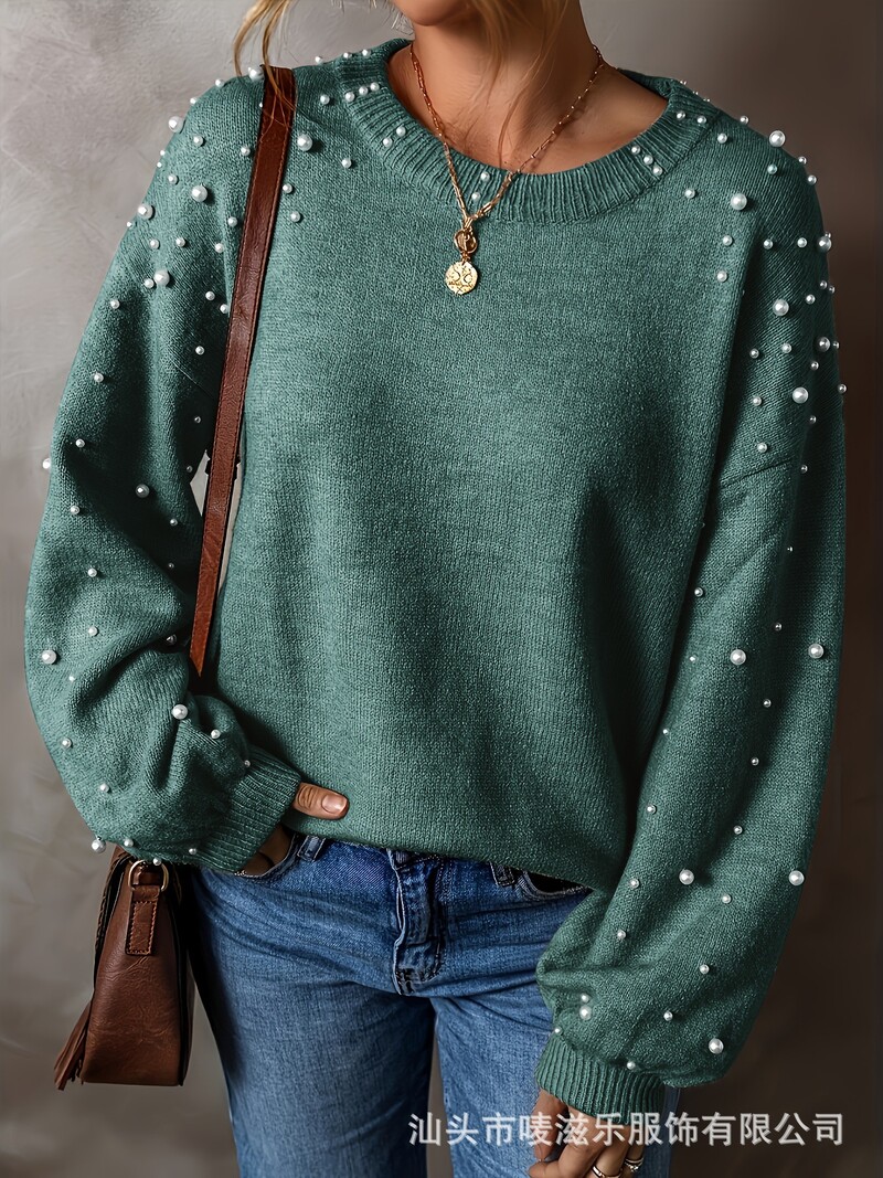 Nový dámsky sveter na jeseň a zimu 2024, voľný korálkový sveter, veľká veľkosť, sveter s okrúhlym výstrihom, sveter s dlhým rukávom