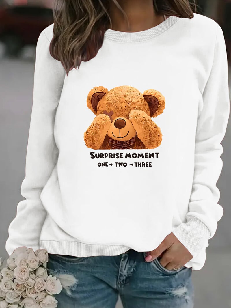 Europietiškas ir amerikietiškas tarpvalstybinis rudens ir žiemos moteriškas laisvalaikio megztinis ilgomis rankovėmis apvaliu kaklu su meškos raštu