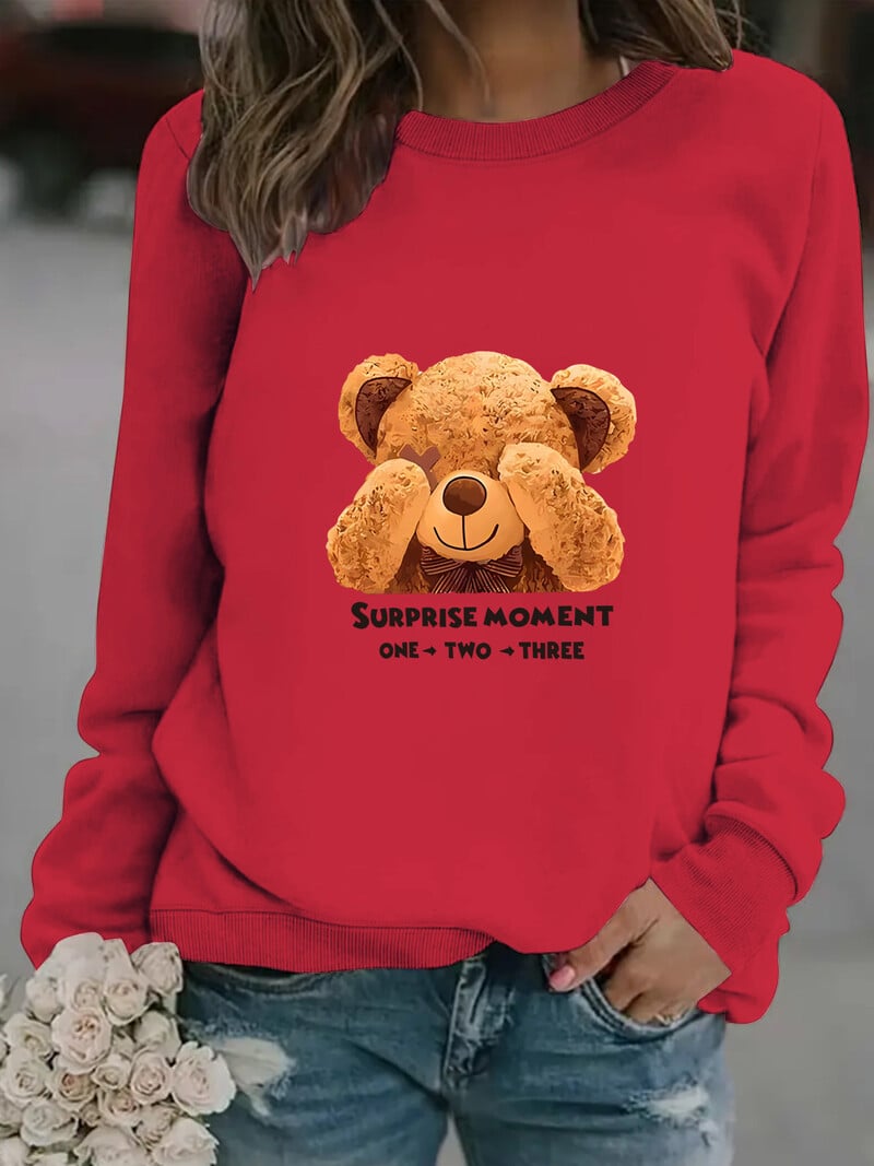 Europietiškas ir amerikietiškas tarpvalstybinis rudens ir žiemos moteriškas laisvalaikio megztinis ilgomis rankovėmis apvaliu kaklu su meškos raštu