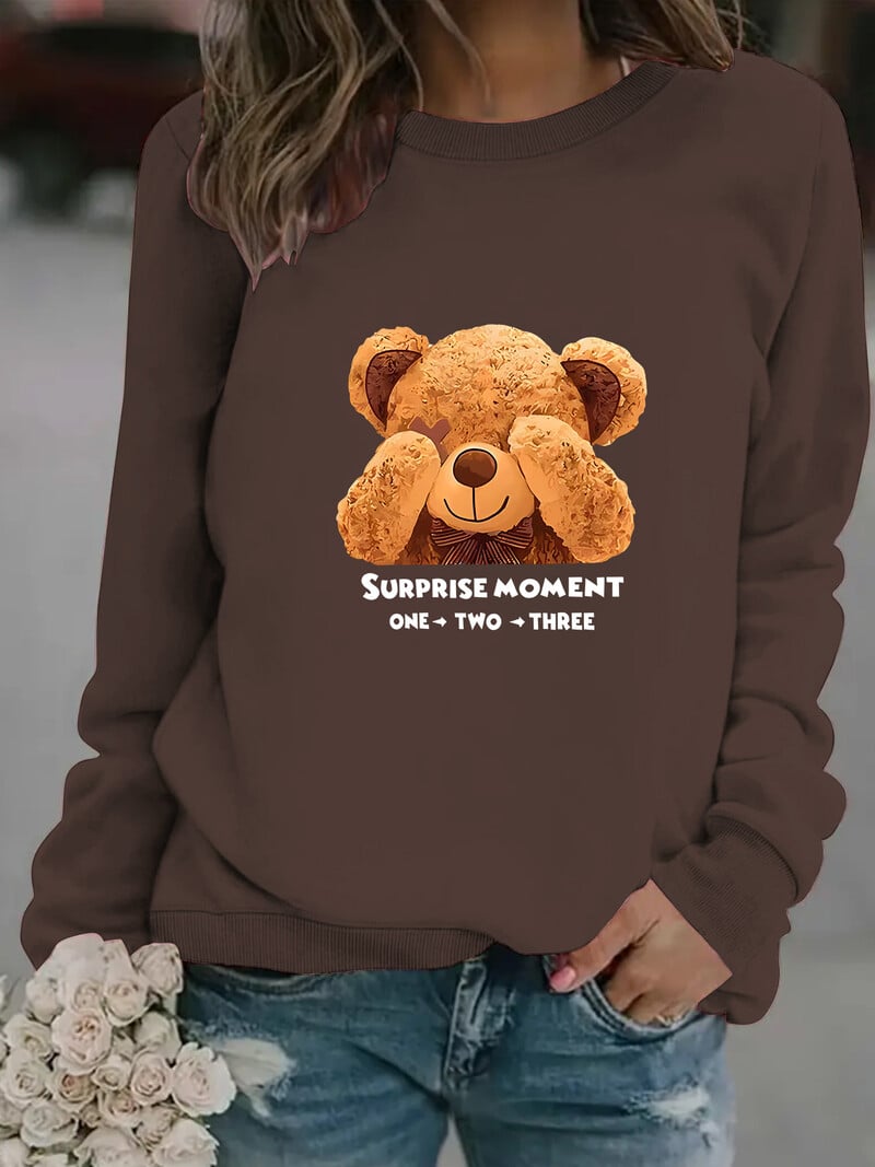 Europietiškas ir amerikietiškas tarpvalstybinis rudens ir žiemos moteriškas laisvalaikio megztinis ilgomis rankovėmis apvaliu kaklu su meškos raštu