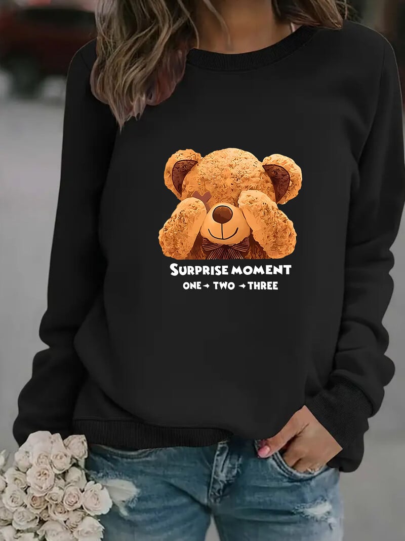 Europietiškas ir amerikietiškas tarpvalstybinis rudens ir žiemos moteriškas laisvalaikio megztinis ilgomis rankovėmis apvaliu kaklu su meškos raštu