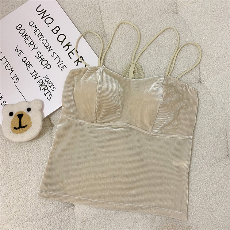 Златна кадифена камизолка за жени, есенно-зимен стил, красив гръб, основен слой, сладък и пикантен френски шик топ