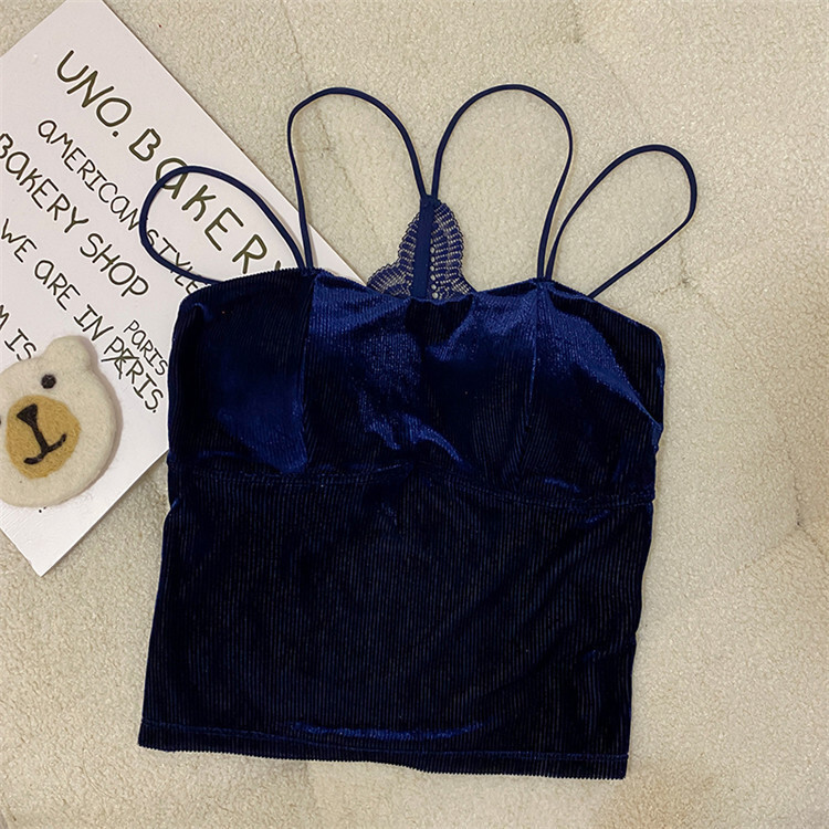 Златна кадифена камизолка за жени, есенно-зимен стил, красив гръб, основен слой, сладък и пикантен френски шик топ