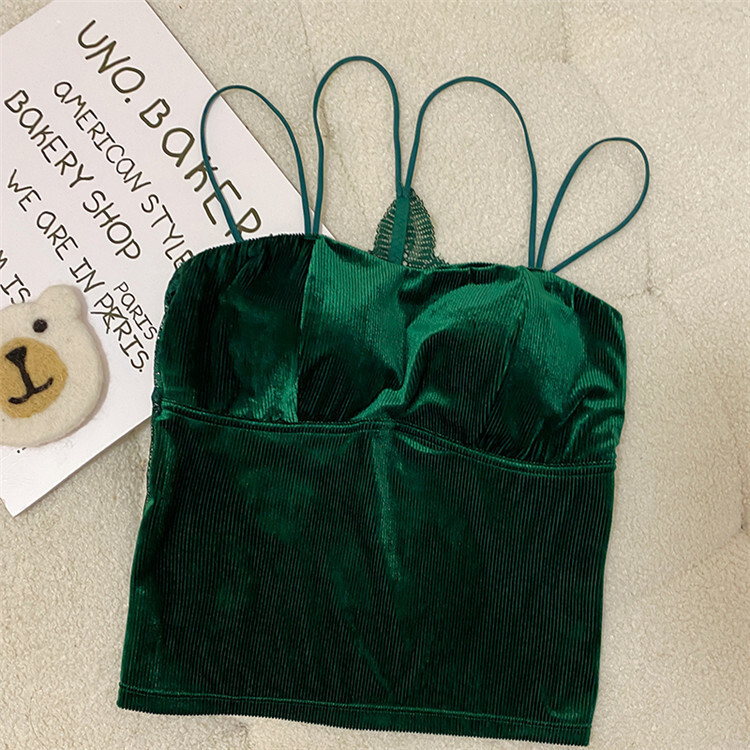 Златна кадифена камизолка за жени, есенно-зимен стил, красив гръб, основен слой, сладък и пикантен френски шик топ