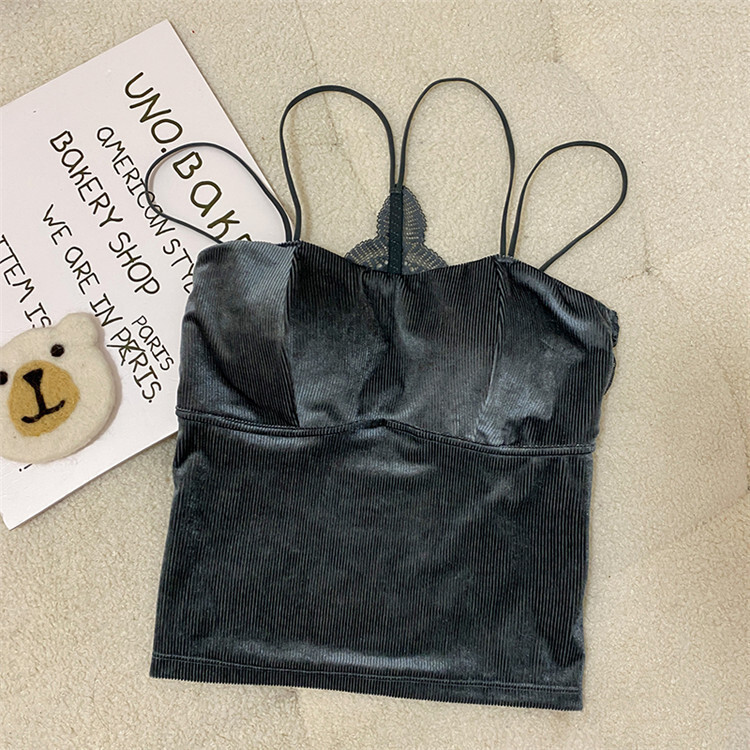 Златна кадифена камизолка за жени, есенно-зимен стил, красив гръб, основен слой, сладък и пикантен френски шик топ