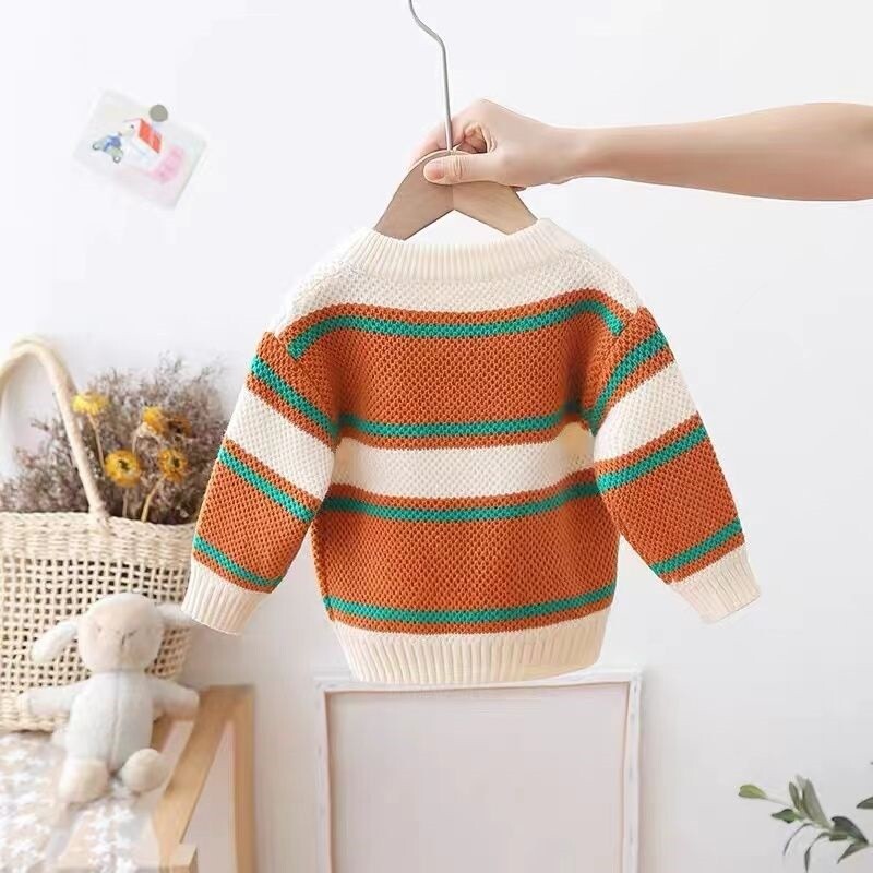 Berniuko megztinis su apvaliu kaklu, vaikiški drabužiai 2022 m. rudens ir žiemos Naujo stiliaus megztinis dryžuotas korėjietiško stiliaus kontrastinės spalvos megztinis mažiems ir vidutinio amžiaus vaikams