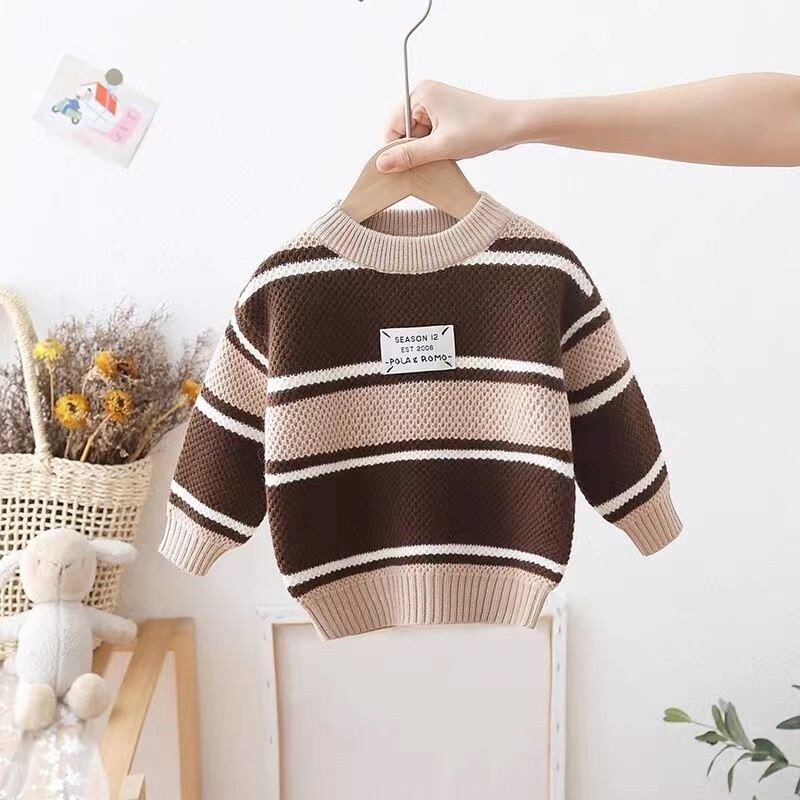 Berniuko megztinis su apvaliu kaklu, vaikiški drabužiai 2022 m. rudens ir žiemos Naujo stiliaus megztinis dryžuotas korėjietiško stiliaus kontrastinės spalvos megztinis mažiems ir vidutinio amžiaus vaikams