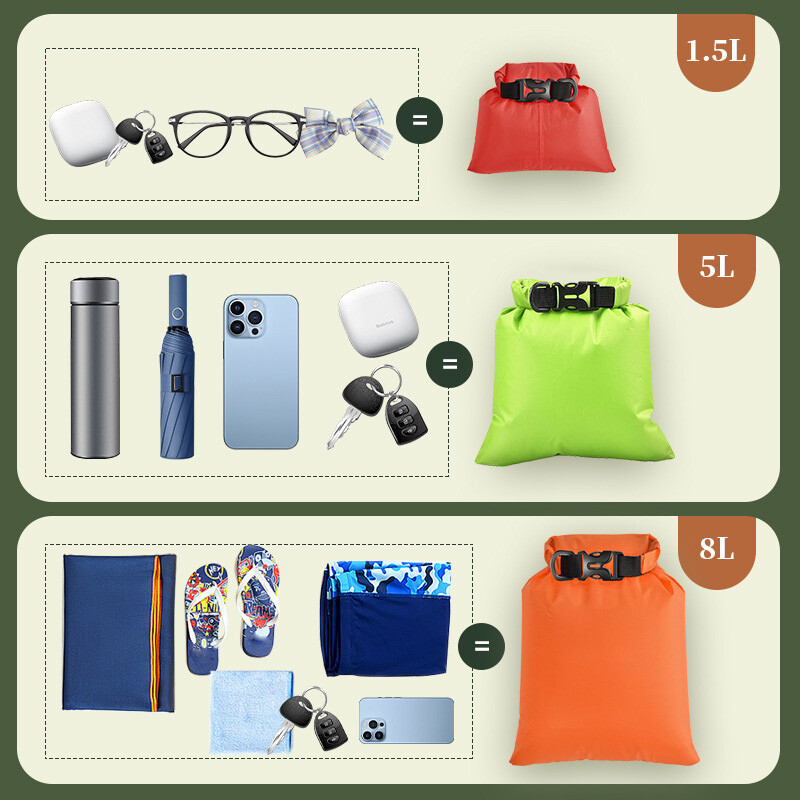 1,5/2,5/3/3,5/5/8l vodotesné suché vrecko, ľahké suché vrecia s rolovacím vrchom, úložné vrecko na oblečenie na driftovanie a plávanie, udržiava výbavu v suchu