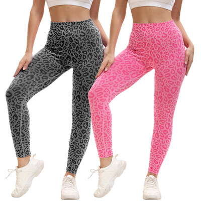 Jambiere de fitness cu imprimeu leopard pentru femei Pantaloni yoga în formă de V cu talie înaltă Control abdominal Pantaloni de antrenament moale opaci