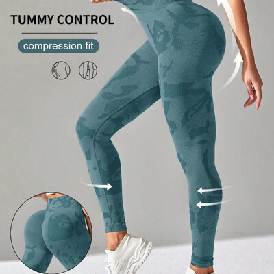 Модни Camou клинове Дамски безшевни тънки чорапогащи Тренировка във фитнеса Бягане Висока талия Повдигане на бедрата Еластични плетени панталони за йога фитнес