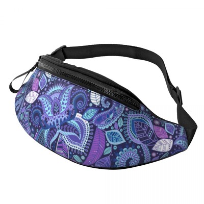 Sinine ja lilla Paisley Print Fanny kott Kohandatud lilled Lillekunst Crossbody vööpakk Mehed Naised Matkad Matkatelefon Rahakott