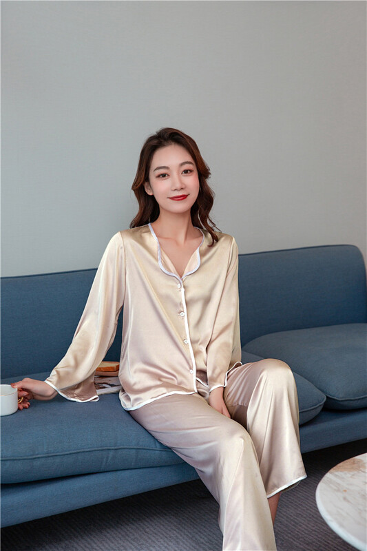 Големи дамски пижами с големи размери, симулирани копринени ревери с дълги ръкави, ледени копринени пролетни и есенни жилетки, домашни дрехи 