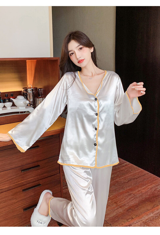 Големи дамски пижами с големи размери, симулирани копринени ревери с дълги ръкави, ледени копринени пролетни и есенни жилетки, домашни дрехи 