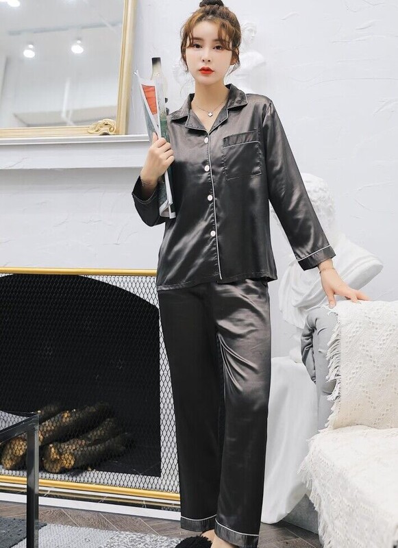 Големи дамски пижами с големи размери, симулирани копринени ревери с дълги ръкави, ледени копринени пролетни и есенни жилетки, домашни дрехи 