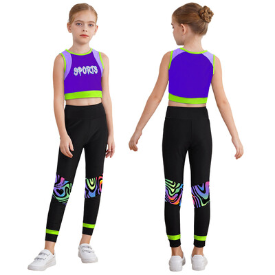 Copii Fete Sport Gimnastica Dans Treninguri Imprimare cu litere Vestă crop Topuri cu jambiere Ținute Antrenament Fitness Yoga Îmbrăcăminte sportivă