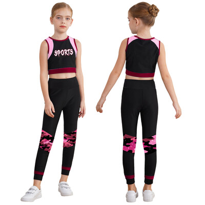 Copii Fete Sport Gimnastica Dans Treninguri Imprimare cu litere Vestă crop Topuri cu jambiere Ținute Antrenament Fitness Yoga Îmbrăcăminte sportivă