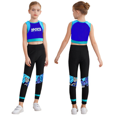 Copii Fete Sport Gimnastica Dans Treninguri Imprimare cu litere Vestă crop Topuri cu jambiere Ținute Antrenament Fitness Yoga Îmbrăcăminte sportivă