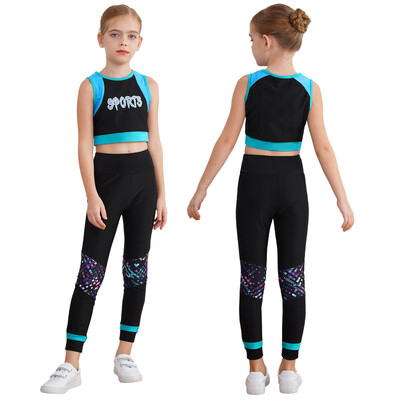 Copii Fete Sport Gimnastica Dans Treninguri Imprimare cu litere Vestă crop Topuri cu jambiere Ținute Antrenament Fitness Yoga Îmbrăcăminte sportivă