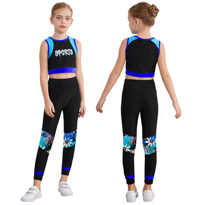 Copii Fete Sport Gimnastica Dans Treninguri Imprimare cu litere Vestă crop Topuri cu jambiere Ținute Antrenament Fitness Yoga Îmbrăcăminte sportivă