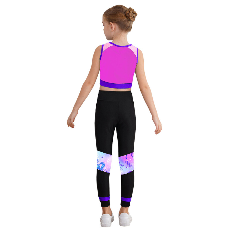 Copii Fete Sport Gimnastica Dans Treninguri Imprimare cu litere Vestă crop Topuri cu jambiere Ținute Antrenament Fitness Yoga Îmbrăcăminte sportivă