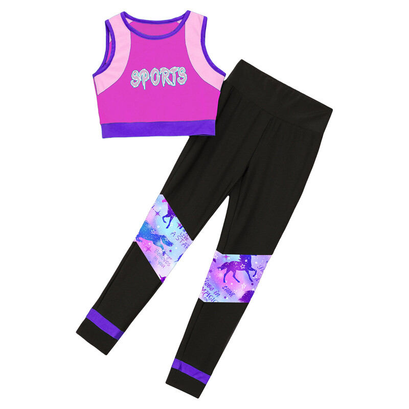 Copii Fete Sport Gimnastica Dans Treninguri Imprimare cu litere Vestă crop Topuri cu jambiere Ținute Antrenament Fitness Yoga Îmbrăcăminte sportivă