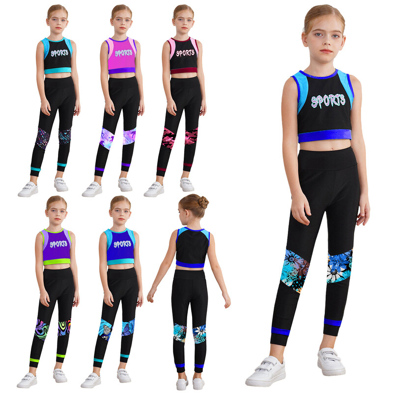 Copii Fete Sport Gimnastica Dans Treninguri Imprimare cu litere Vestă crop Topuri cu jambiere Ținute Antrenament Fitness Yoga Îmbrăcăminte sportivă