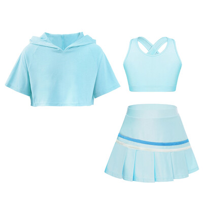 Detské dievčenské fitness obleky Detská športová súprava Tanká s plisovanou sukňou a kapucňou, krátky top, športové oblečenie na golf, bedminton, tenis, outfity