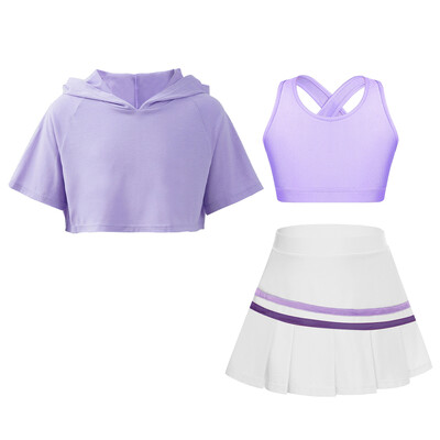 Detské dievčenské fitness obleky Detská športová súprava Tanká s plisovanou sukňou a kapucňou, krátky top, športové oblečenie na golf, bedminton, tenis, outfity