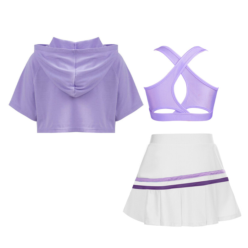 Detské dievčenské fitness obleky Detská športová súprava Tanká s plisovanou sukňou a kapucňou, krátky top, športové oblečenie na golf, bedminton, tenis, outfity