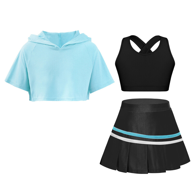 Detské dievčenské fitness obleky Detská športová súprava Tanká s plisovanou sukňou a kapucňou, krátky top, športové oblečenie na golf, bedminton, tenis, outfity