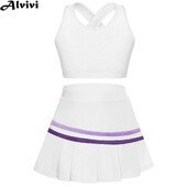 Детски момичета Спортен комплект Укорочена жилетка без ръкави с плисирана пола за тенис, голф, бадминтон, мажоретки, джаз танцови изпълнения