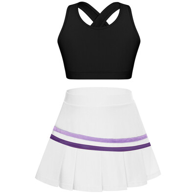 Детски момичета Спортен комплект Укорочена жилетка без ръкави с плисирана пола за тенис, голф, бадминтон, мажоретки, джаз танцови изпълнения