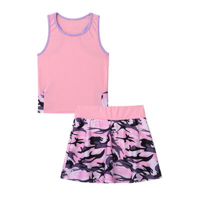 Dječje Djevojčice 2Pcs Tennis Golf Dress Set Racerback T-shirt Majice bez rukava sa suknjom Ugrađene kratke hlače Trenirka Set za trčanje u teretani Ples