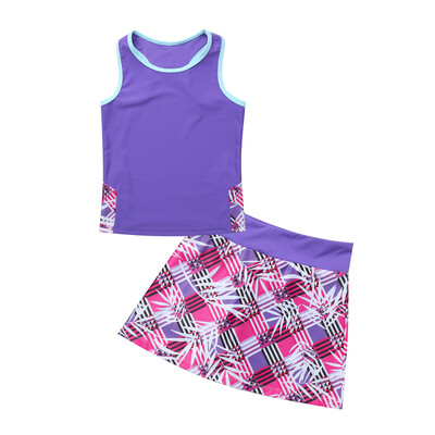 Dječje Djevojčice 2Pcs Tennis Golf Dress Set Racerback T-shirt Majice bez rukava sa suknjom Ugrađene kratke hlače Trenirka Set za trčanje u teretani Ples