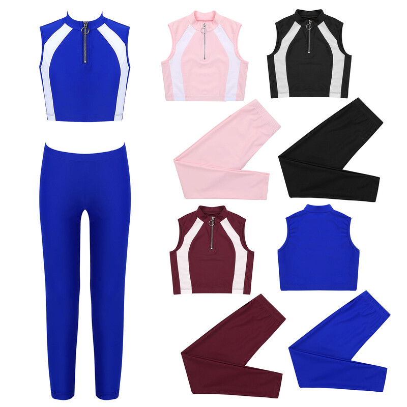 2Pcs Sportska odjeća za djecu i djevojčice Skraćeni top i hlače bez rukava i ovratnik bez rukava Dječja gimnastička odjeća za vježbe trčanja