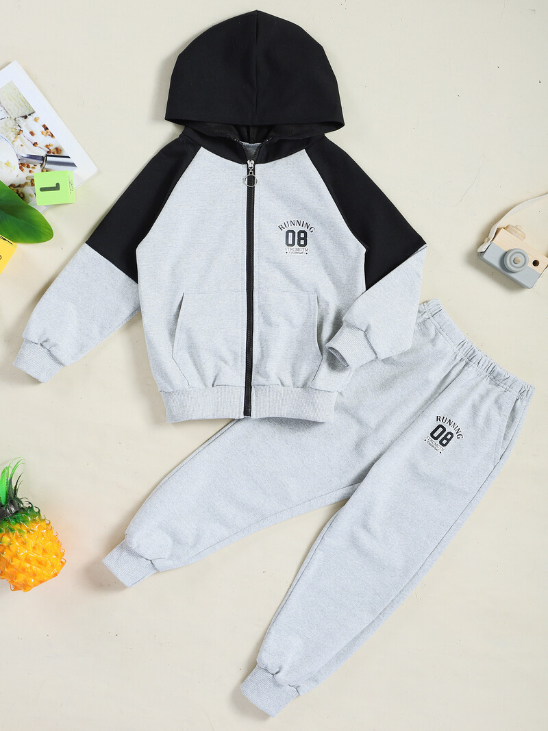 Sportska odjeća za dječake Kompleti ležerne odjeće Proljeće Jesen Trenirka s kapuljačom i patentnim zatvaračem u boji, kaput + duge hlače Odijelo za trčanje