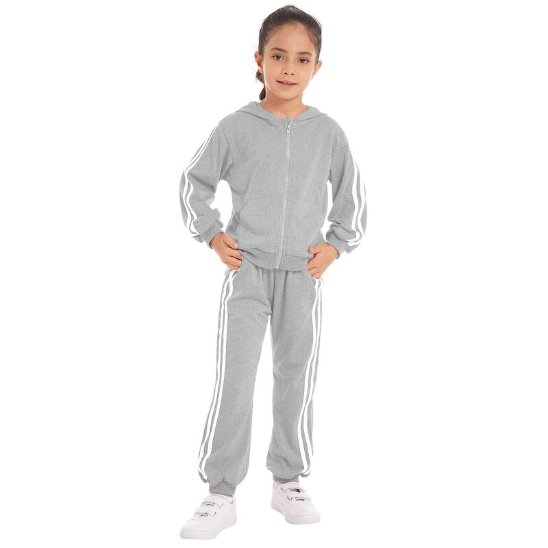 2Pcs Dječji Dječaci Proljeće Jesen Pamučni Sportski Kompleti Odijelo Trenirke Dukserica s kapuljačom Dugi rukavi S patentnim zatvaračem Top Komplet hlača na pruge