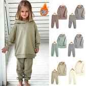 Топли зимни 2024 г. Детски дрехи за момчета и момичета, плътни памучни суитчъри с качулка от полар, комплекти анцузи за малки деца, детски комплекти суичъри