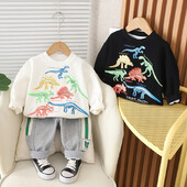 Есенни екипи за малки момчета 1-5 години Детски суичъри с щампи на динозаври и дълги панталони Комплект от 2 бр. Детски есенен ежедневен костюм