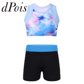 Детски момичета Спортни дрехи Йога комплект без ръкави Tie-Dye Crop Top + къси панталони Детски екипи за балетна гимнастика за фитнес зала Спортен костюм