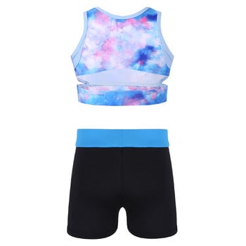 Детски момичета Спортни дрехи Йога комплект без ръкави Tie-Dye Crop Top + къси панталони Детски екипи за балетна гимнастика за фитнес зала Спортен костюм