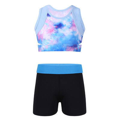 Детски момичета Спортни дрехи Йога комплект без ръкави Tie-Dye Crop Top + къси панталони Детски екипи за балетна гимнастика за фитнес зала Спортен костюм