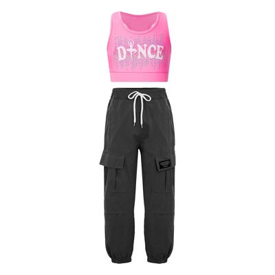 Детски момичета Спортни костюми Фитнес зала Балет Гимнастика Облекло без ръкави Racerback Crop Top с шнурове Карго панталони Комплект спортно облекло