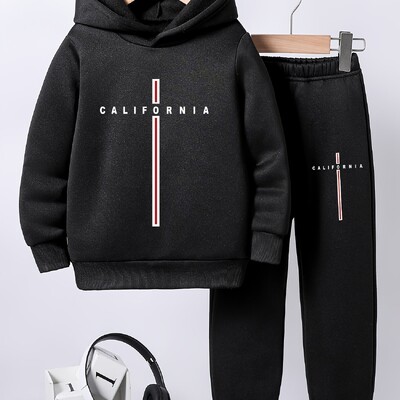 Pavasara un rudens zēnu ērts flīsa kapucis, ikdienas skriešanas kostīms Izpārdots sporta svītrains ar burtiem apdrukāts kapuces uzvalks 4T-14T