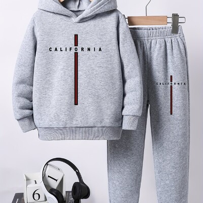 Pavasara un rudens zēnu ērts flīsa kapucis, ikdienas skriešanas kostīms Izpārdots sporta svītrains ar burtiem apdrukāts kapuces uzvalks 4T-14T