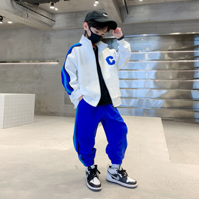 Zēnu pavasara/rudens svītru sporta apģērbu komplekts bērnu modes burtiem mēteļu bikses 2 daļīgs pusaudžu ikdienas treniņtērps 4–12 gadi