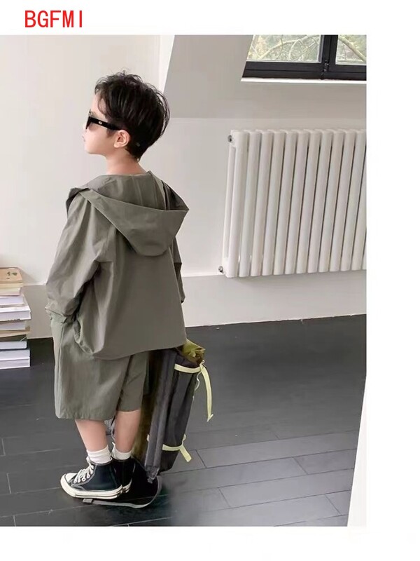 2024. gada vasaras pavasaris, jaunas meitenes ar garām piedurknēm plānu apģērbu komplekts pusaudžu sauļošanās jaka ar kapuci + šorti, 2 gab., uzvalks, puiša jaka tērpi