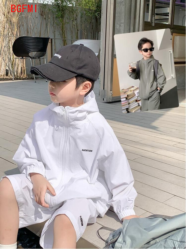 2024. gada vasaras pavasaris, jaunas meitenes ar garām piedurknēm plānu apģērbu komplekts pusaudžu sauļošanās jaka ar kapuci + šorti, 2 gab., uzvalks, puiša jaka tērpi