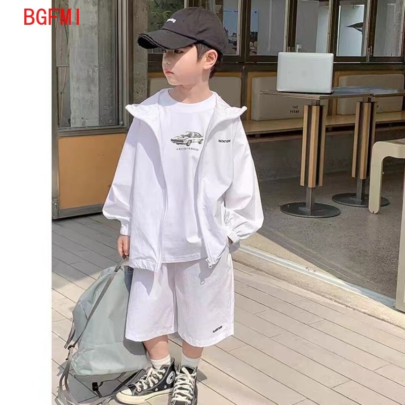 2024. gada vasaras pavasaris, jaunas meitenes ar garām piedurknēm plānu apģērbu komplekts pusaudžu sauļošanās jaka ar kapuci + šorti, 2 gab., uzvalks, puiša jaka tērpi