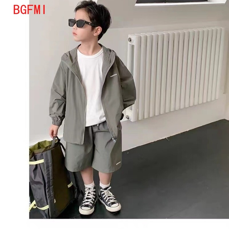 2024. gada vasaras pavasaris, jaunas meitenes ar garām piedurknēm plānu apģērbu komplekts pusaudžu sauļošanās jaka ar kapuci + šorti, 2 gab., uzvalks, puiša jaka tērpi